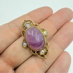 Vintage 1920s Pink Cabochon Pastel Swirl Acrylic AB Rhinestones Gold Tone Brooch